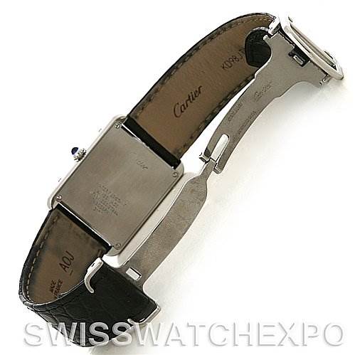 The image shows the back and clasp of a Cartier Tank Solo W1018355 Men's Stainless Steel Silver Dial W1018355 Men's Stainless Steel Silver Dial watch, highlighting the leather strap and stainless steel case back.