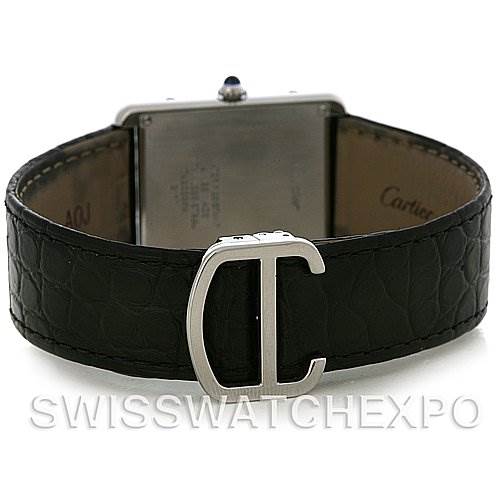 This image shows the back view of a Cartier Tank Solo W1018355 Men's Stainless Steel Silver Dial W1018355 Men's Stainless Steel Silver Dial watch with a black leather strap and Cartier initials buckle.