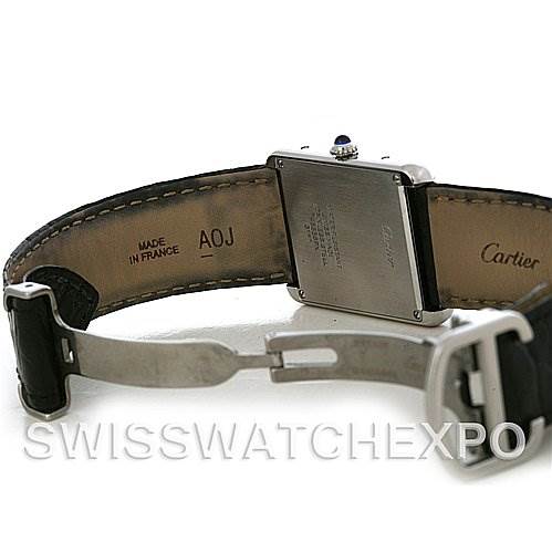 This image shows the back view of a Cartier Tank Solo W1018355 Men's Stainless Steel Silver Dial W1018355 Men's Stainless Steel Silver Dial watch, highlighting the clasp, strap interior, and case back.