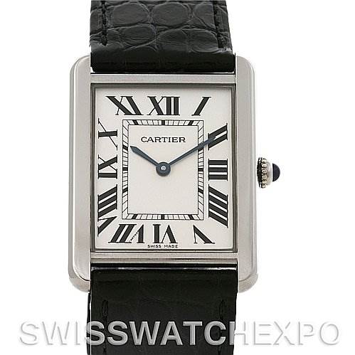 This image shows a frontal view of a Cartier Tank Solo W1018355 Men's Stainless Steel Silver Dial W1018355 Men's Stainless Steel Silver Dial watch, displaying its face, Roman numerals, and black leather strap.