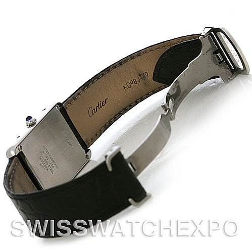 The image shows the back and interior of a Cartier Tank Solo W1018355 Men's Stainless Steel Silver Dial W1018355 Men's Stainless Steel Silver Dial watch with an open clasp, revealing the strap and caseback.