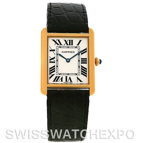 The image shows a Cartier Tank Solo W1018855 Men
s Steel and Gold (two tone) Silver Dial W1018855 Men
s Steel and Gold (two tone) Silver Dial watch with a rectangular gold case, Roman numerals, and a black leather strap, viewed from the front.