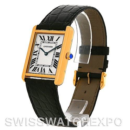 The Cartier Tank Solo W1018855 Men
s Steel and Gold (two tone) Silver Dial W1018855 Men
s Steel and Gold (two tone) Silver Dial watch is shown at a three-quarter angle, highlighting the face, black leather strap, and gold case.