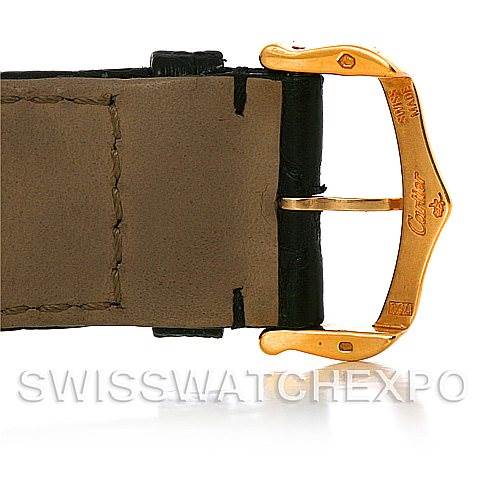 This image shows a close-up of the buckle and leather strap of a Cartier Tank Solo W1018855 Men
s Steel and Gold (two tone) Silver Dial W1018855 Men
s Steel and Gold (two tone) Silver Dial watch.