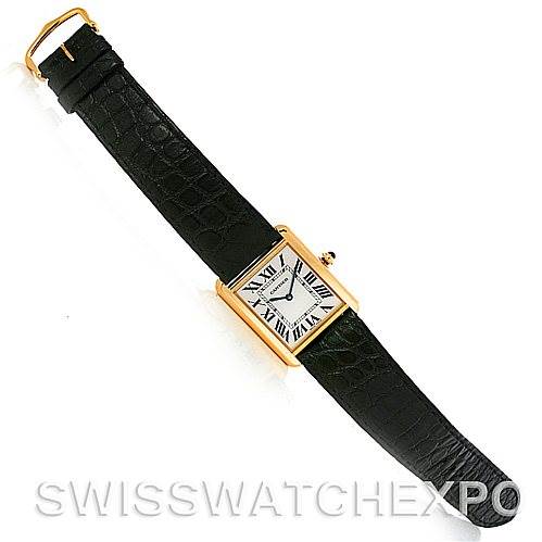 This image shows a Cartier Tank Solo W1018855 Men
s Steel and Gold (two tone) Silver Dial W1018855 Men
s Steel and Gold (two tone) Silver Dial watch, displaying its rectangular face and black leather strap, angled diagonally.