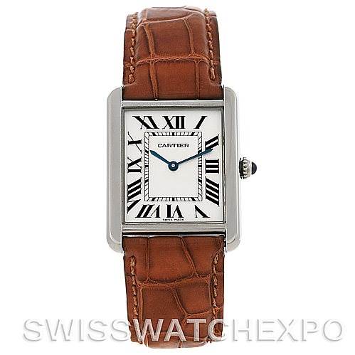 The image shows a front view of the Cartier Tank Solo W1018355 Men's Stainless Steel Silver Dial W1018355 Men's Stainless Steel Silver Dial watch, highlighting its rectangular face and brown leather strap.