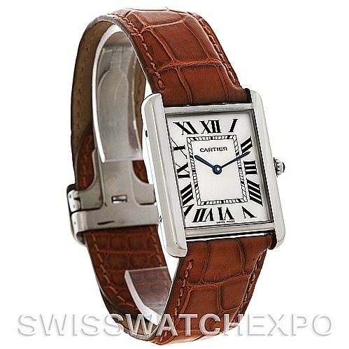 The image shows a Cartier Tank Solo W1018355 Men's Stainless Steel Silver Dial W1018355 Men's Stainless Steel Silver Dial watch from a front and slightly angled side view, highlighting the face, bezel, and brown leather strap.