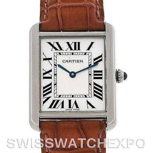 This Cartier Tank Solo W1018355 Men's Stainless Steel Silver Dial W1018355 Men's Stainless Steel Silver Dial watch is shown from the front, displaying the dial, case, and brown leather strap.