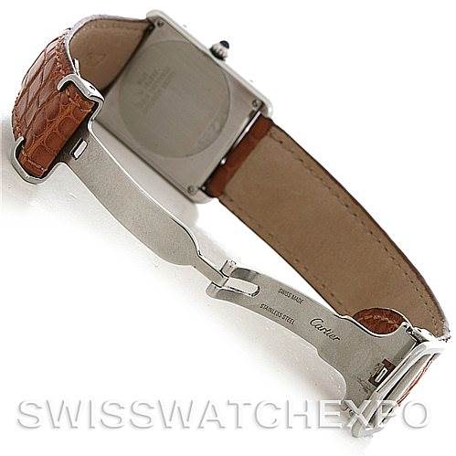 This image shows the back and side view of a Cartier Tank Solo W1018355 Men's Stainless Steel Silver Dial W1018355 Men's Stainless Steel Silver Dial watch, highlighting the clasp, leather strap, and case back.