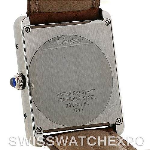 The image shows the back view of a Cartier Tank Solo W1018355 Men's Stainless Steel Silver Dial W1018355 Men's Stainless Steel Silver Dial watch, highlighting the case back and crown.