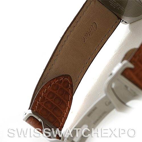 The image shows the underside of the strap and buckle of a Cartier Tank Solo W1018355 Men's Stainless Steel Silver Dial W1018355 Men's Stainless Steel Silver Dial watch, highlighting the leather texture and stitching.