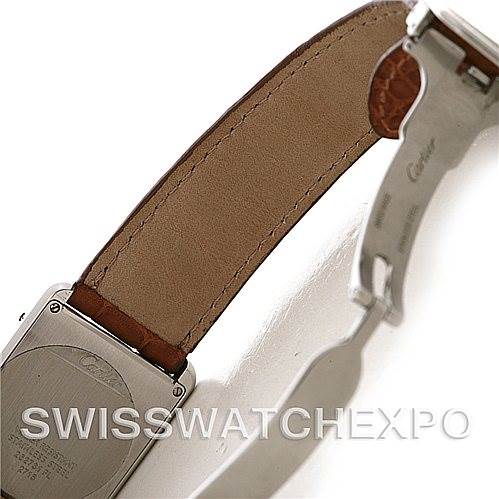 This image shows the back and inside leather strap of a Cartier Tank Solo W1018355 Men's Stainless Steel Silver Dial W1018355 Men's Stainless Steel Silver Dial watch.