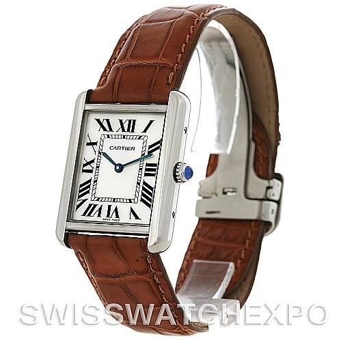 The Cartier Tank Solo W1018355 Men's Stainless Steel Silver Dial W1018355 Men's Stainless Steel Silver Dial watch is shown at a three-quarter angle, displaying its face, crown, and brown leather strap.
