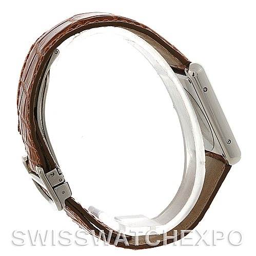 The image shows a side view of the Cartier Tank Solo W1018355 Men's Stainless Steel Silver Dial W1018355 Men's Stainless Steel Silver Dial watch, highlighting its case and brown leather strap.