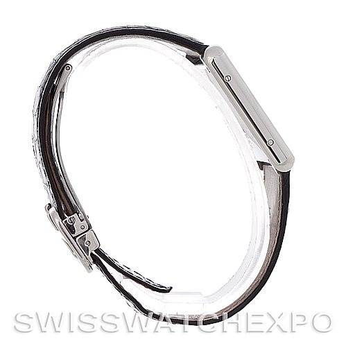 The image shows a side profile of a Cartier Tank Solo W1018355 Men's Stainless Steel Silver Dial W1018355 Men's Stainless Steel Silver Dial watch, highlighting its case and leather strap.