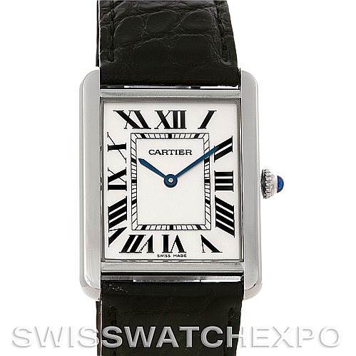 This image shows a front view of the Cartier Tank Solo W1018355 Men's Stainless Steel Silver Dial W1018355 Men's Stainless Steel Silver Dial watch, featuring its face, Roman numerals, and a black leather strap.