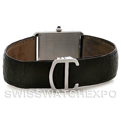 The image shows a rear view of the Cartier Tank Solo W1018355 Men's Stainless Steel Silver Dial W1018355 Men's Stainless Steel Silver Dial watch, highlighting its black leather strap and metal clasp.