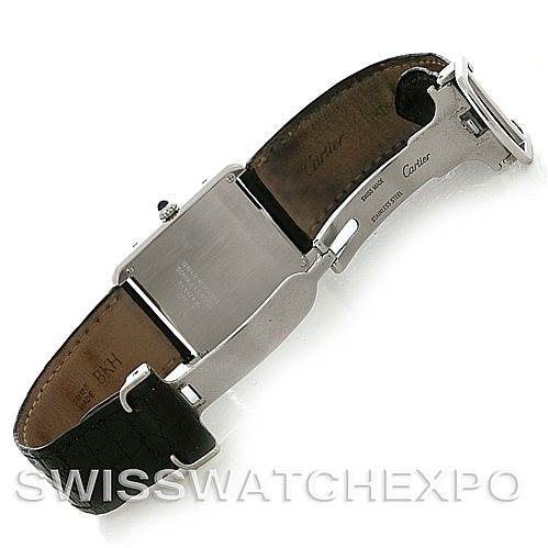 This image shows the backside and clasp of a Cartier Tank Solo W1018355 Men's Stainless Steel Silver Dial W1018355 Men's Stainless Steel Silver Dial watch with a leather strap.