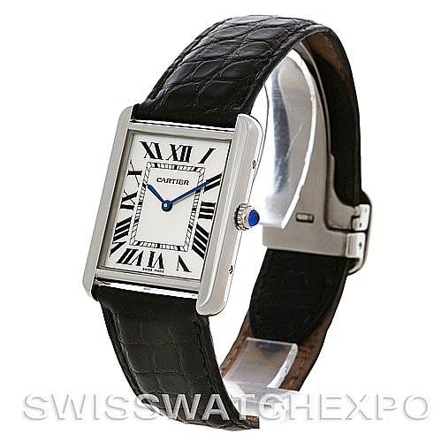 The image shows a Cartier Tank Solo W1018355 Men's Stainless Steel Silver Dial W1018355 Men's Stainless Steel Silver Dial watch at a slight angle, displaying its rectangular face, Roman numerals, black leather strap, and crown.