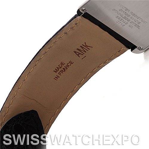 This image shows a close-up of the strap and back of a Cartier Tank Solo W1018355 Men's Stainless Steel Silver Dial W1018355 Men's Stainless Steel Silver Dial watch.