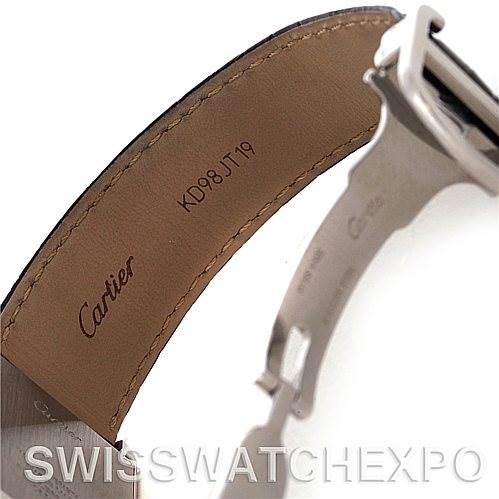 The image shows a close-up of the strap and clasp of a Cartier Tank Solo W1018355 Men's Stainless Steel Silver Dial W1018355 Men's Stainless Steel Silver Dial watch, focusing on the leather interior and metal clasp.