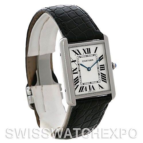 The image shows a Cartier Tank Solo W1018355 Men's Stainless Steel Silver Dial W1018355 Men's Stainless Steel Silver Dial watch from a front left angle, highlighting its Roman numeral dial and black leather strap.
