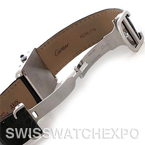 The image shows the opened clasp and part of the leather band of a Cartier Tank Solo W1018355 Men's Stainless Steel Silver Dial W1018355 Men's Stainless Steel Silver Dial watch, highlighting the inscriptions inside the band.