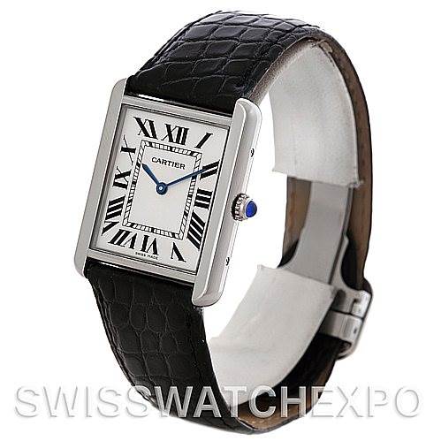 This image shows a front-side angle of the Cartier Tank Solo W1018355 Men's Stainless Steel Silver Dial W1018355 Men's Stainless Steel Silver Dial watch, highlighting its face, leather strap, and clasp.