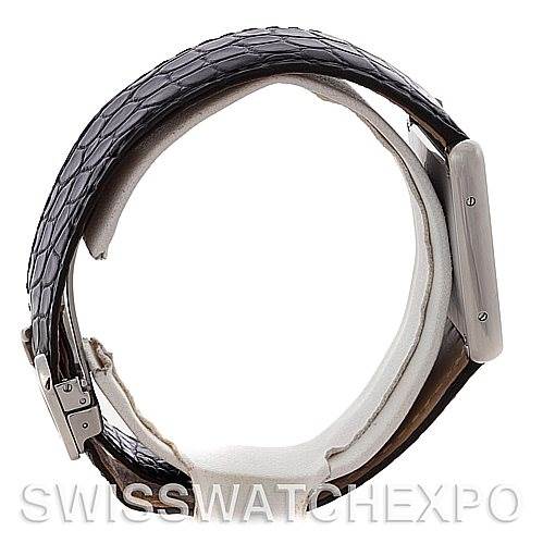 This image shows a side view of a Cartier Tank Solo W1018355 Men's Stainless Steel Silver Dial W1018355 Men's Stainless Steel Silver Dial watch emphasizing the strap and the watch's case edge.