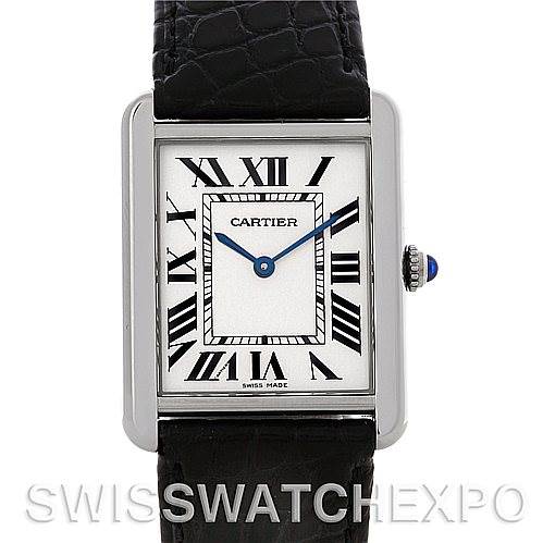 The image shows a front view of the Cartier Tank Solo W1018355 Men's Stainless Steel Silver Dial W1018355 Men's Stainless Steel Silver Dial watch, displaying the face, crown, and leather strap.