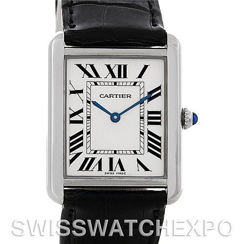 This is a front view of the Cartier Tank Solo W1018355 Men
s Stainless Steel Silver Dial W1018355 Men
s Stainless Steel Silver Dial watch, showing the face, bezel, crown, and part of the leather strap.