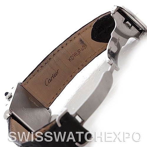 The image shows the underside of the Cartier Tank Solo W1018355 Men
s Stainless Steel Silver Dial W1018355 Men
s Stainless Steel Silver Dial watch band and clasp at a side angle, highlighting the leather and metal components.
