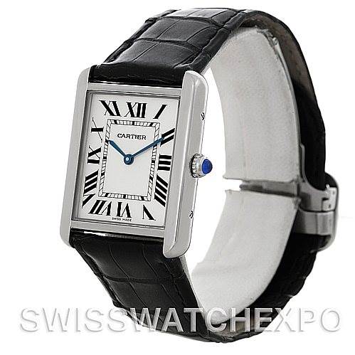 This image shows a Cartier Tank Solo W1018355 Men
s Stainless Steel Silver Dial W1018355 Men
s Stainless Steel Silver Dial watch from an angled front view, highlighting its face, and part of its strap and side crown.