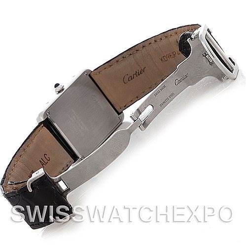 The image shows the underside of the Cartier Tank Solo W1018355 Men
s Stainless Steel Silver Dial W1018355 Men
s Stainless Steel Silver Dial watch, highlighting its leather strap, clasp, and engraved details.