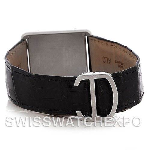 This image displays the back view of a Cartier Tank Solo W1018355 Men
s Stainless Steel Silver Dial W1018355 Men
s Stainless Steel Silver Dial watch, focusing on the leather strap and buckle.