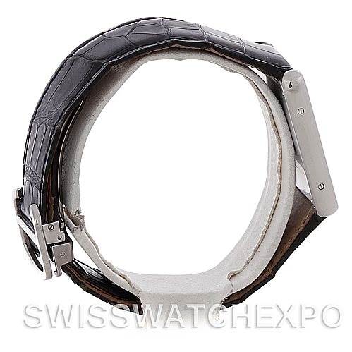 This image shows a side view of a Cartier Tank Solo W1018355 Men
s Stainless Steel Silver Dial W1018355 Men
s Stainless Steel Silver Dial watch, displaying the leather strap and case.