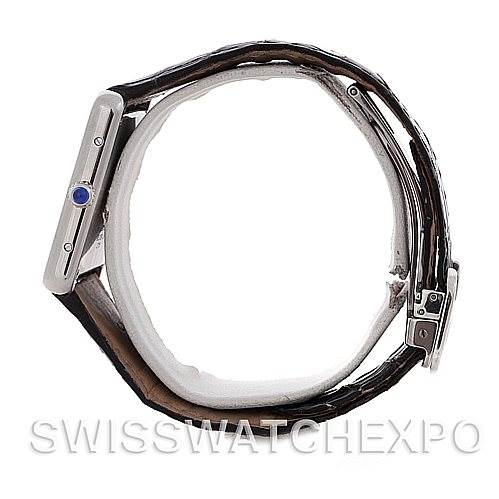 Side view of the Cartier Tank Solo W1018355 Men
s Stainless Steel Silver Dial W1018355 Men
s Stainless Steel Silver Dial watch showing the case, crown, and leather strap.