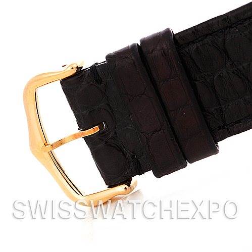 This image shows a close-up of a black leather strap with a gold buckle for a Rolex Submariner W1018855 Men's Stainless Steel Silver Dial W1018855 Men's Stainless Steel Silver Dial watch.