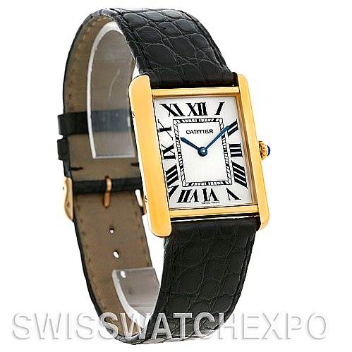 The image shows a Cartier watch, not a Rolex Submariner W1018855 Men's Stainless Steel Silver Dial W1018855 Men's Stainless Steel Silver Dial, in a side angle displaying the face, strap, and buckle.