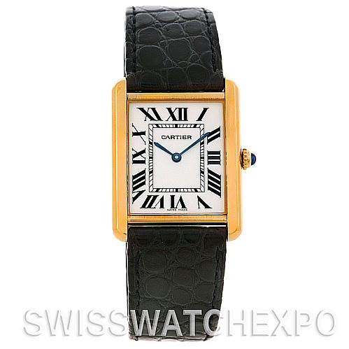 This image shows a Cartier watch with a rectangular face, Roman numerals, gold bezel, and black leather strap.