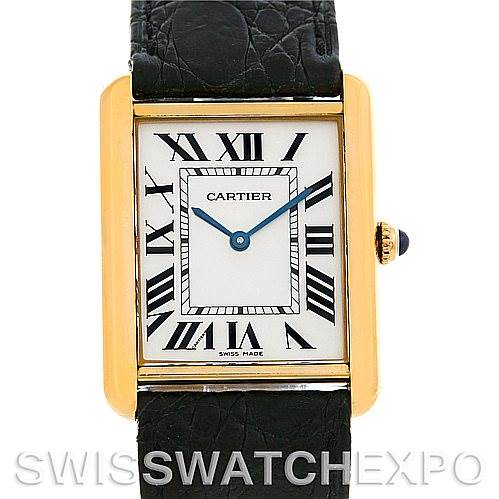 The image shows a front view of a Cartier Tank Solo W1018855 Men
s Steel and Gold (two tone) Silver Dial W1018855 Men
s Steel and Gold (two tone) Silver Dial watch with its strap and face visible.