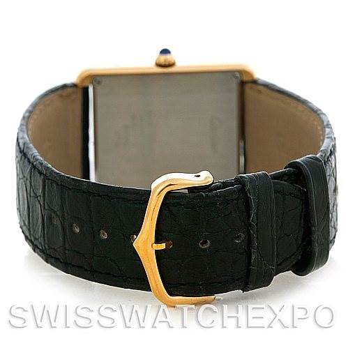 This image shows a rear view of a Cartier Tank Solo W1018855 Men
s Steel and Gold (two tone) Silver Dial W1018855 Men
s Steel and Gold (two tone) Silver Dial watch, highlighting the strap, buckle, and back of the case.