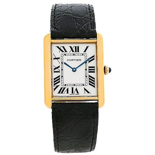 The image shows a front view of a Cartier Tank Solo W1018855 Men
s Steel and Gold (two tone) Silver Dial W1018855 Men
s Steel and Gold (two tone) Silver Dial model watch with a rectangular face, Roman numerals, black leather strap, and gold case.