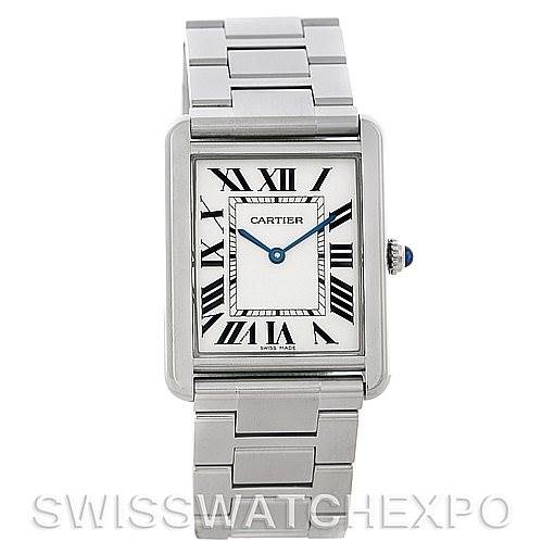 This image shows a front view of the Cartier Tank Solo W5200014 Men
s Stainless Steel Silver Dial W5200014 Men
s Stainless Steel Silver Dial watch, displaying its rectangular case, Roman numeral dial, and metal bracelet.