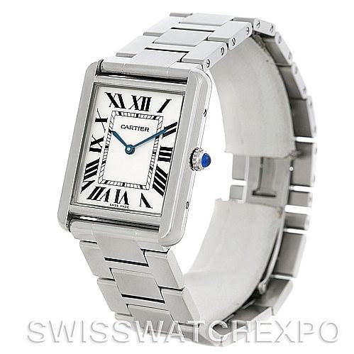 This image shows a side-angle view of a Cartier Tank Solo W5200014 Men
s Stainless Steel Silver Dial W5200014 Men
s Stainless Steel Silver Dial watch featuring its rectangular case, white dial, and linked bracelet.