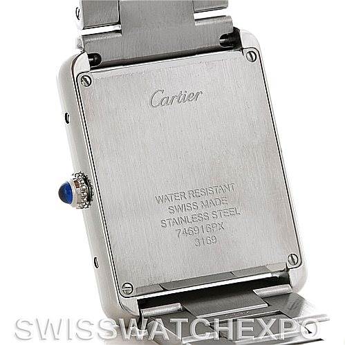 The image shows the back of a Cartier Tank Solo W5200014 Men
s Stainless Steel Silver Dial W5200014 Men
s Stainless Steel Silver Dial watch, highlighting its case back, crown, and part of the bracelet.