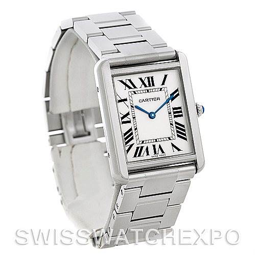 The image shows a Cartier Tank Solo W5200014 Men
s Stainless Steel Silver Dial W5200014 Men
s Stainless Steel Silver Dial watch at a slight angle, highlighting its rectangular case, bracelet, dial with Roman numerals, and blue hands.