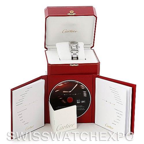 The Tank Solo model by Cartier is displayed in its original box, along with a booklet and a CD.