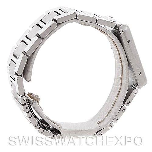 The image shows a side view of the Cartier Tank Solo W5200014 Men
s Stainless Steel Silver Dial W5200014 Men
s Stainless Steel Silver Dial model, highlighting the metal bracelet and case.