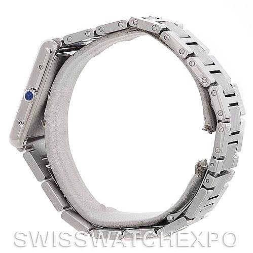 This image shows a side view of the Cartier Tank Solo W5200014 Men
s Stainless Steel Silver Dial W5200014 Men
s Stainless Steel Silver Dial watch, highlighting its stainless steel case and bracelet.